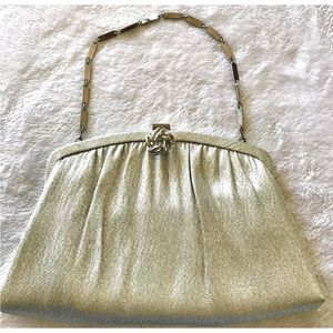 VTG Evening Handbag Purse Lined Bag Silver Lame Prom Wedding Christmas Chain USA
